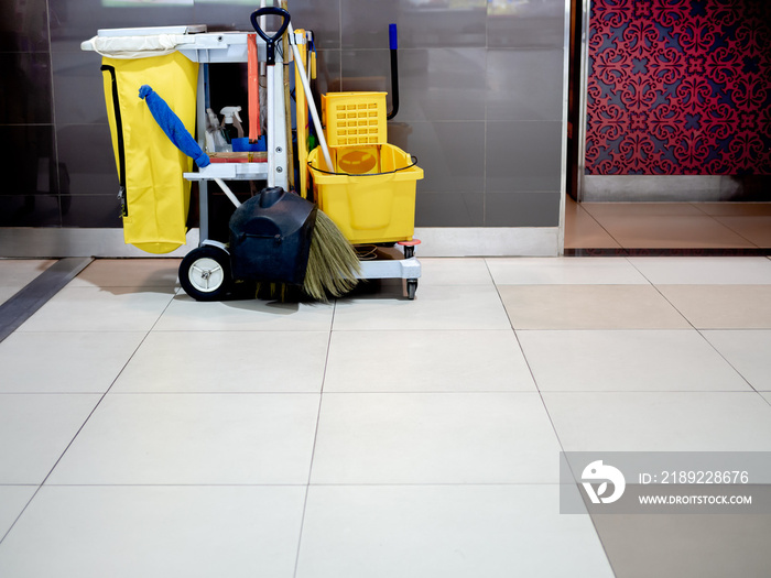 Cleaning tools cart wait for cleaning in airport