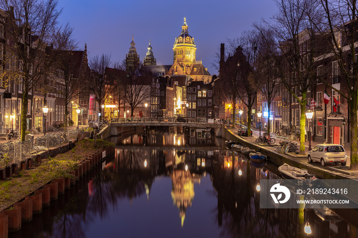 Amsterdam. Facades of old houses in the red light district.