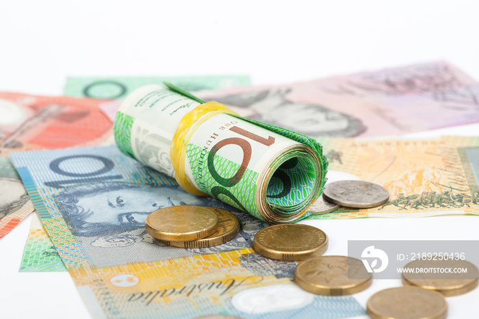 Australian Dollar banknotes on white background