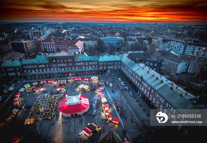 Szeged Advent Christmas Market aerial view at sunset. Panoramic HDR image from the clock tower of th