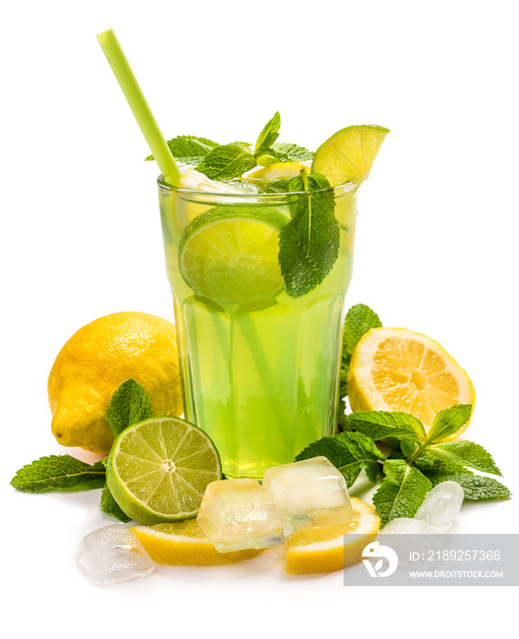 Fruit lemonade in a glass with a straw. Cocktail of lemons and lime with the addition of mint