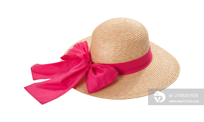 漂亮的草帽，白色背景上有缎带和蝴蝶结。沙滩帽顶部视图孤立
