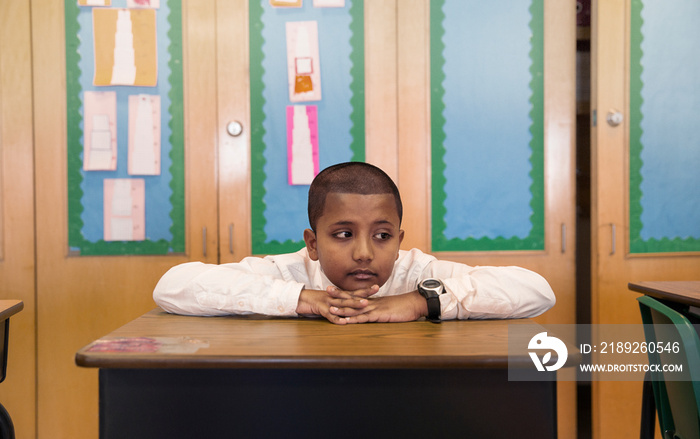 School student (8-9) sitting at desk