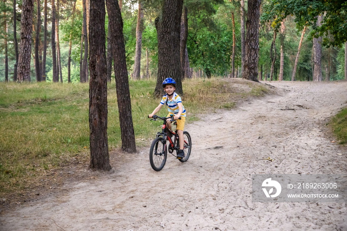 Cyclist Riding down the sandy Hill on the Offroad Trail