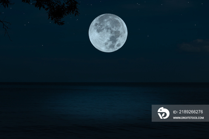 夜晚的满月在海面上。