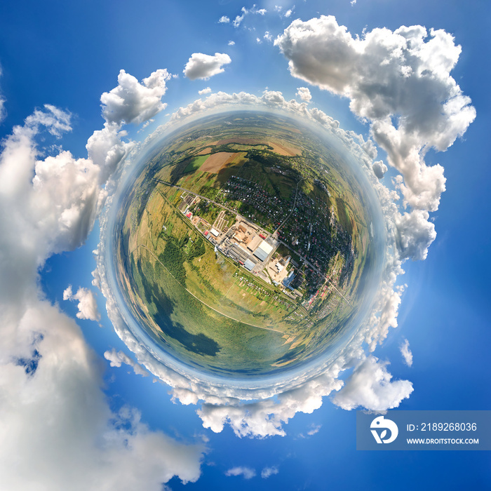 Aerial view from high altitude of little planet earth covered with white puffy cumulus clouds on sun