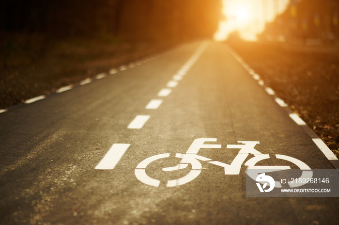 日落时自行车道上的自行车道标志