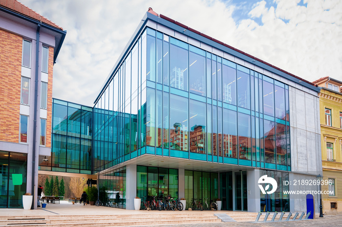 Modern glass library building at center of Celje Slovenia