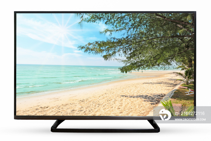 电视监视器在白色背景上孤立的沙海图像。