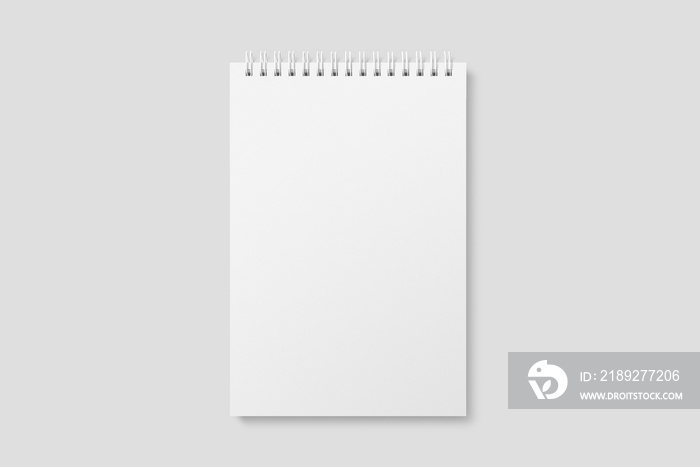 Blank realistic spiral bound notepad mockup on light grey background. High resolution.