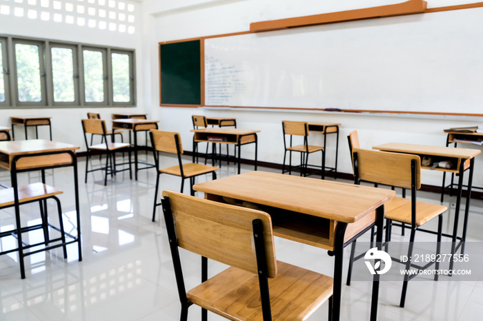 Lecture room, School empty classroom with desk chair iron wood for studying lessons in high school. 