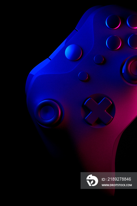 Realistic video game controller in neon lights on black noir background