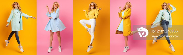 Collage Of Woman Jumping And Running On Colourful Backgrounds