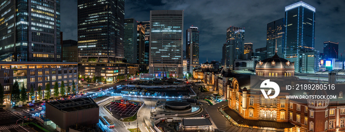 ライトアップされた東京駅の夜景　パノラマ