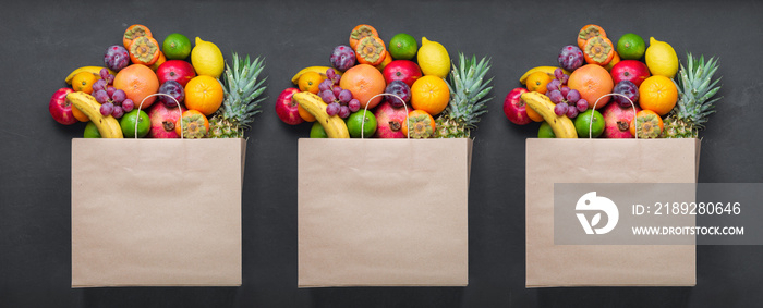 Paper bag with fruits. Concept grocery shopping, sale, promotion. Fresh Eco Products, Healthy Produc
