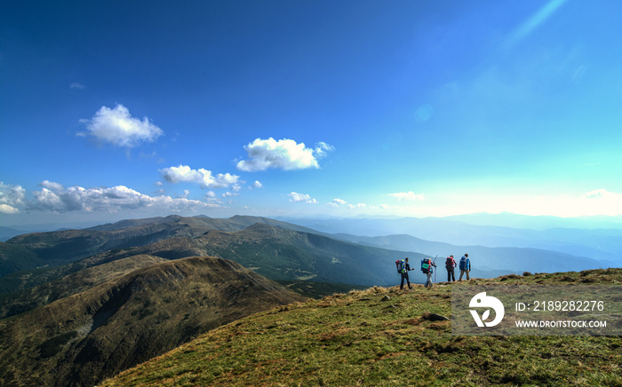 一群背着背包的旅行者在山区旅行（戈维拉山，乌克兰喀尔巴阡山）