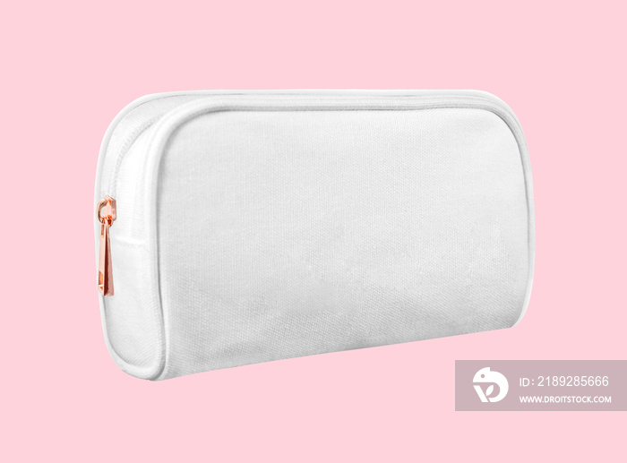 blank cosmetic case bag, white zip bag isolated on pink background