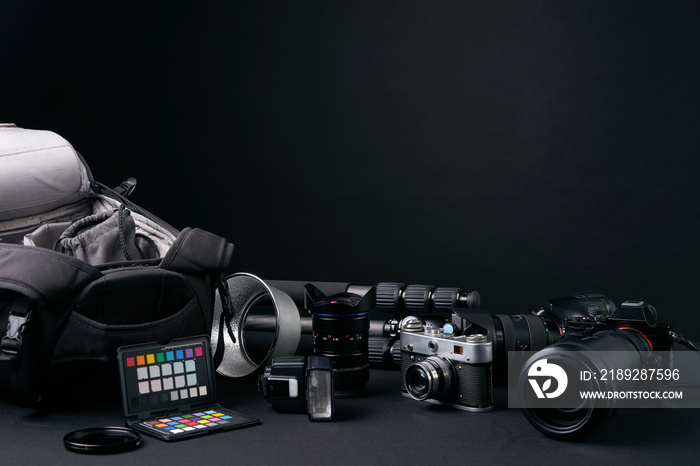 Photographers equipment on the floor in a studio