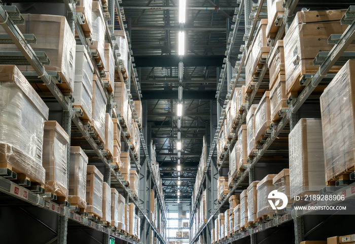 Goods on shelves of distribution center warehouse