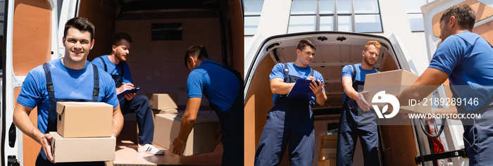 Collage of movers in overalls writing on clipboard and unloading truck on urban street