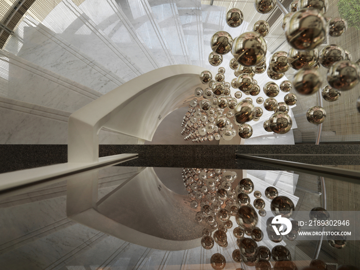 Directly above shot of spiral staircase with bubble chandelier