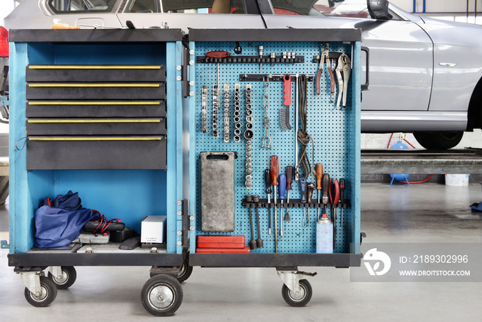 Tool cart in a car repair workshop or garage