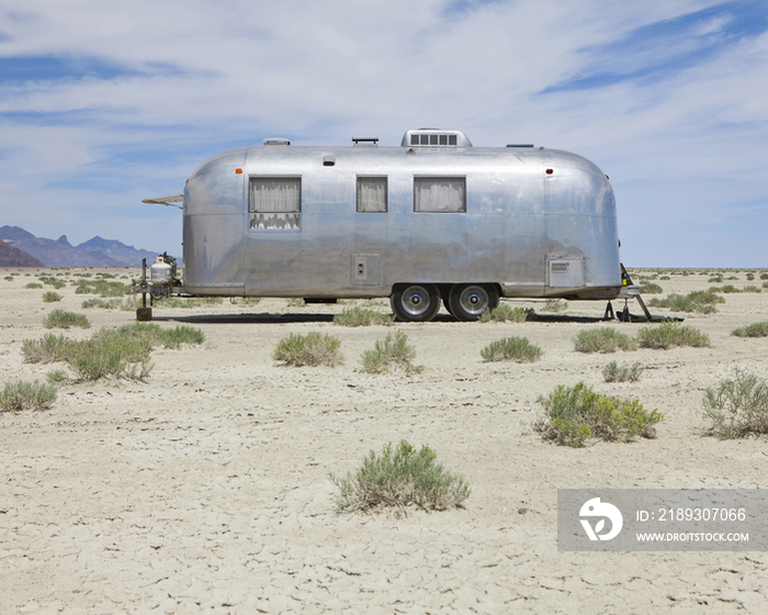 Vintage Airstream trailer on Bonneville Salt Flats