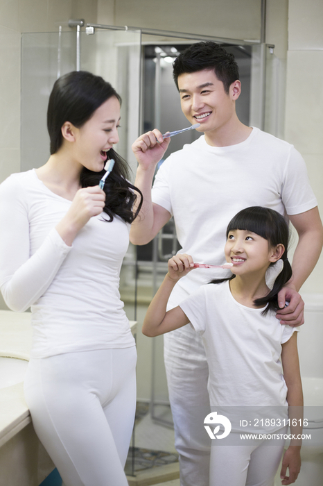 快乐的年轻家庭刷牙