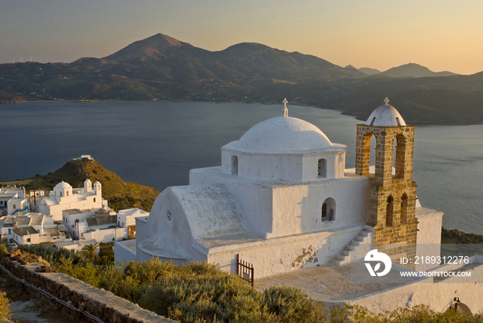 Greece, Cyclades, Milos Island, Plaka village at dusk