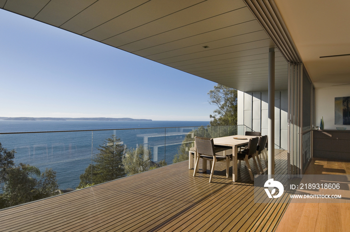 Beach house balcony overlooking sea; Sydney; NSW; Australia