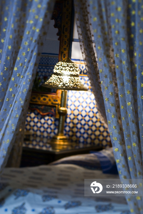 Morocco, Marrakech, hotel bedroom detail