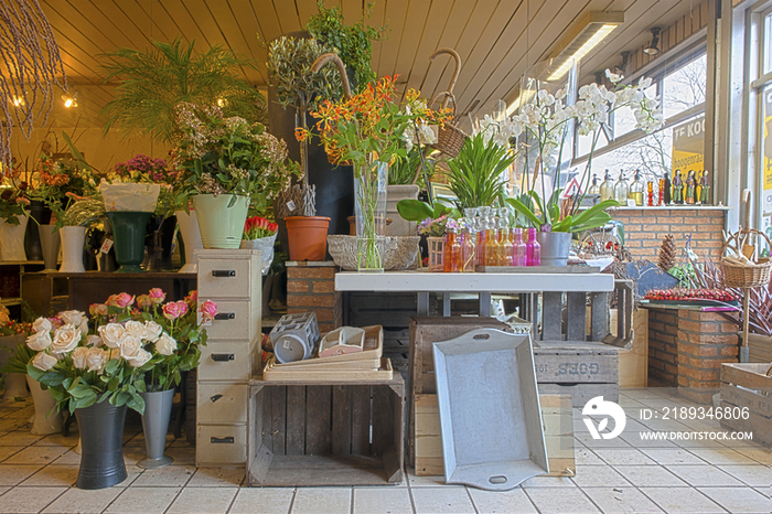 Interior of a florist shop with fresh cut flowers