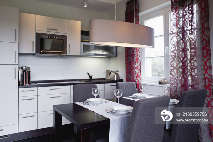 Kitchen and dining area in contemporary house