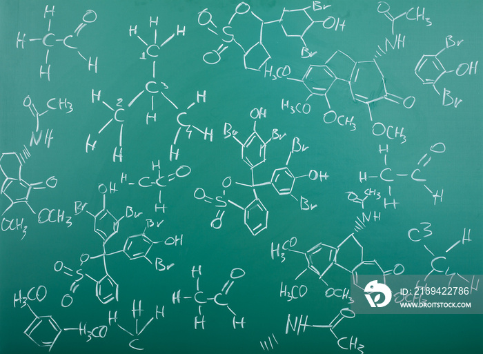 Organic chemical formulas on chalkboard