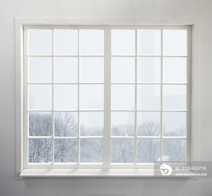 现代住宅窗户与雪和树