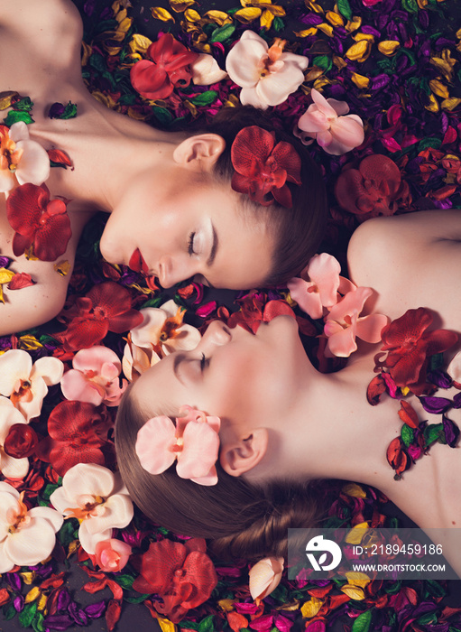 两个女孩躺在花瓣中