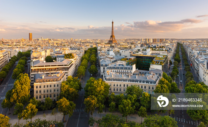 从上面看巴黎的屋顶，埃菲尔铁塔，林荫大道和奥斯曼式建筑