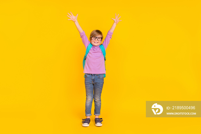 Full size photo of funny good mood pupil happy to go to school raising hands up in excitement isolat