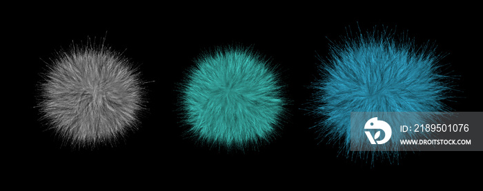 Set of fluffy bright, soft pompons, colored fur hair balls on a black background.