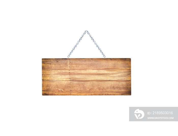 Wooden plank sign  and steel chain hanging isolated on white background , clipping path