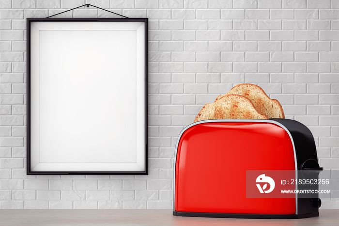 Toast popping out of Vintage Red Toaster in front of Brick Wall