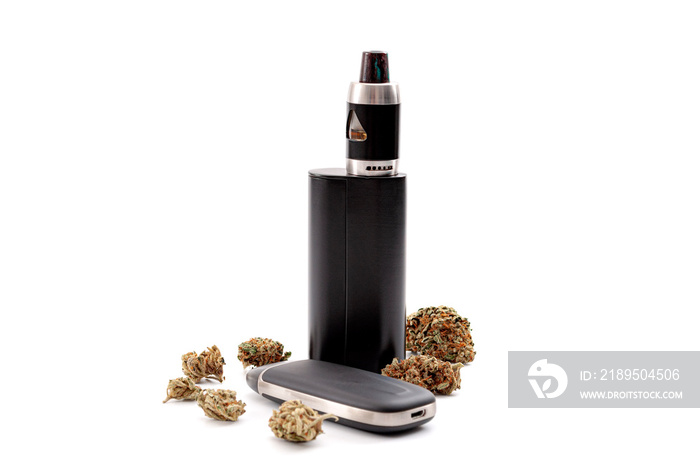 CBD and THC vaping products, dry herb vaporizer and healthy inhaling of cannabis concept theme with 