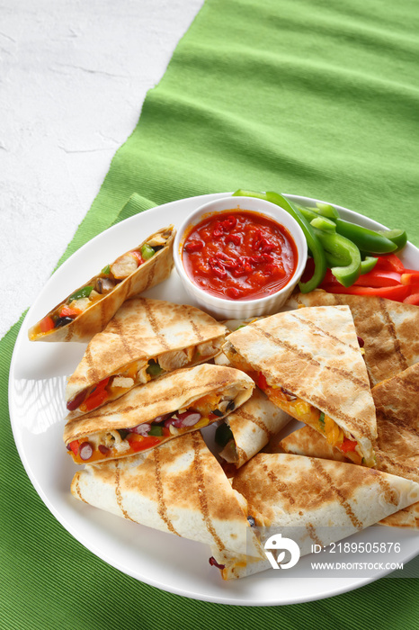 mexican chicken quesadillas with veggies, top view