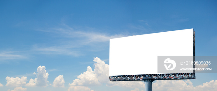 Mock-up Large white blank billboard or white promotion poster displayed on blue sky background. Prom