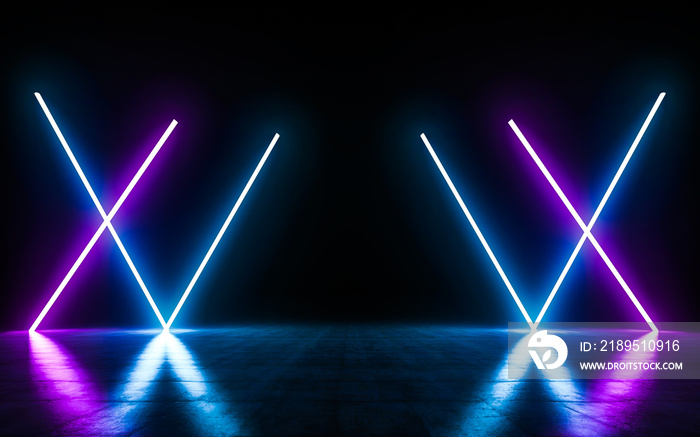 未来主义科幻蓝色和紫色霓虹灯，在空地上发光。3D效果图
