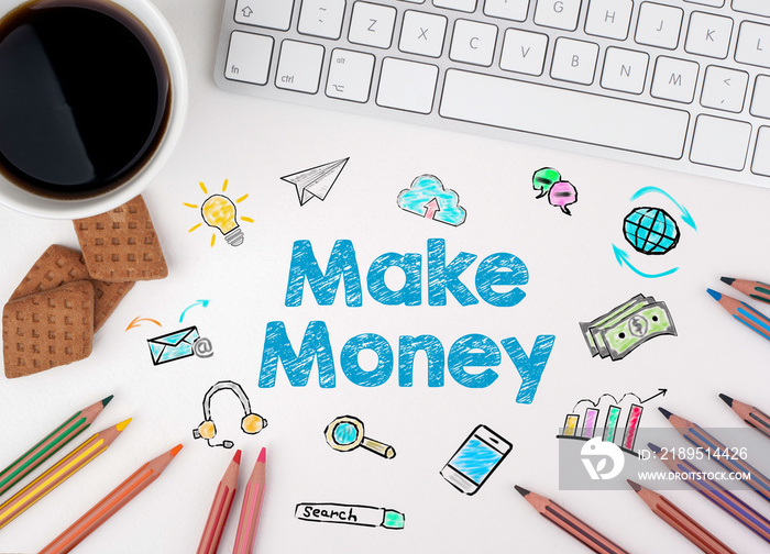 Make Money, Business concept. Computer keyboard and a coffee mug on a white table