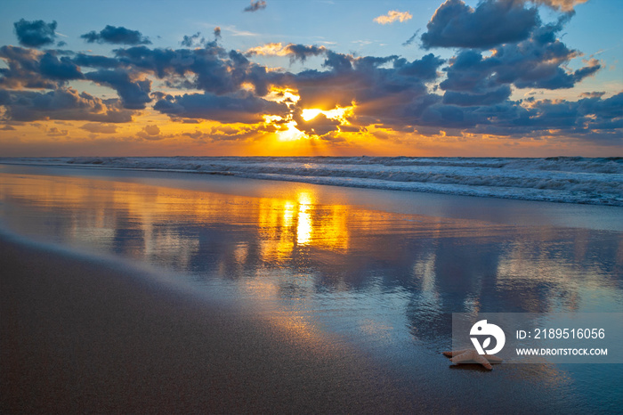 Sunset along the North Sea beach of Oostende (Ostend) with a starfish, Belgium.