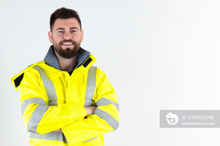 portrait of young and handsome man successful manager trade merchandise logistics white background