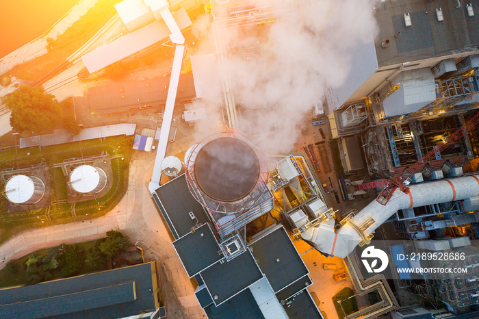 Industrial area of Wroclaw - smoke comes out of the chimneys of the power plant. View from the top, 