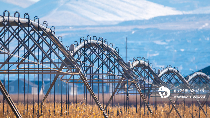 Panorama crop Large agricultural irrigation system in a field